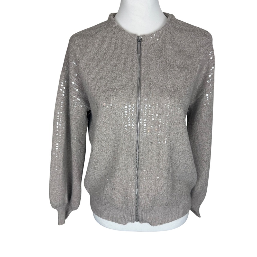 Chico's Women Tan Oatmeal Sequin Zip Front Bomber Cardigan Sweater Size 0 Small